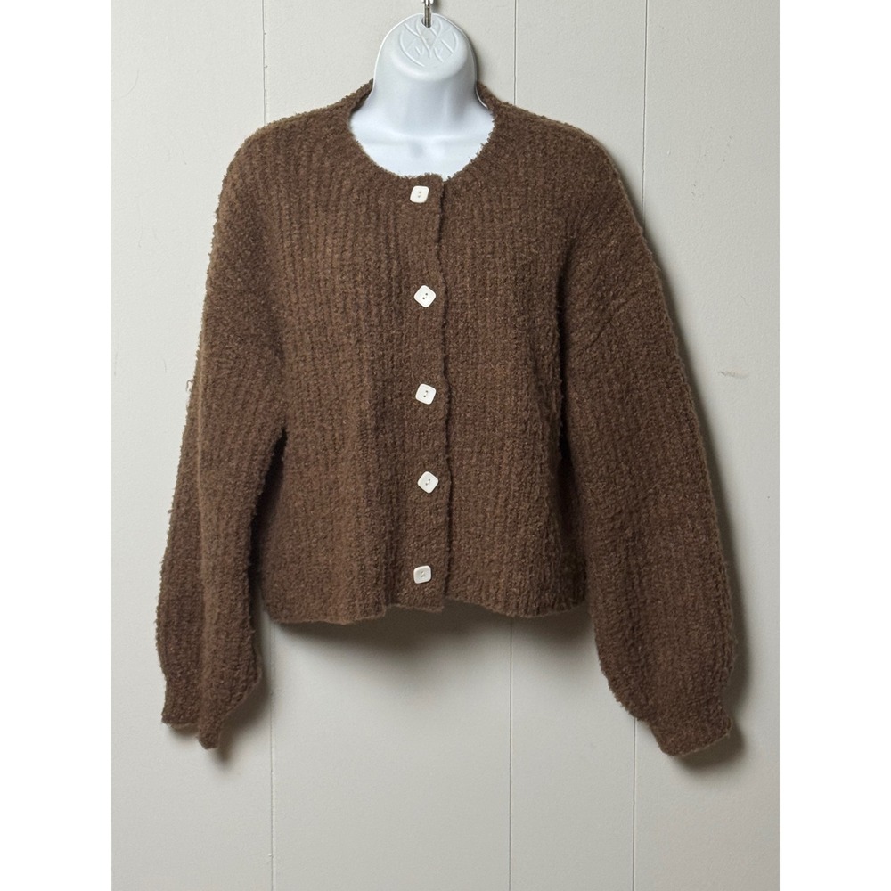 Fashion Women's Brown Chunky Bouclé Knit Button Front Cardigan Sweater Size M